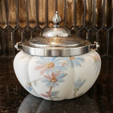 Antique Victorian Textured Glass Biscuit Barrel with Applied Green Glass Flowers and Silver-Plate Lid & Bail Handle — listing 2