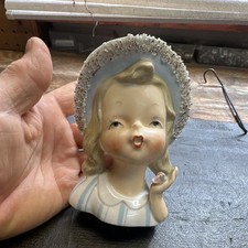 Vintage 1950s-60s Wales Lady Head Vase with Blue Flowers and Pink Bodice, Made in Japan