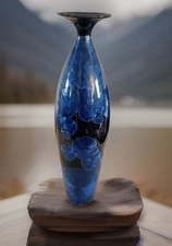 Handmade Studio Pottery Freeform Pinched Vase with Blue-Brown Drip Glaze — listing 2