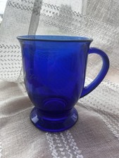 Starbucks Cobalt Blue Footed Glass Coffee Mug with Etched Script Logo