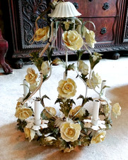 Italian Gilt Tole Toleware Chandelier with White Porcelain Roses, 3-Light — listing 3