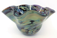 Art Glass Fluted Vase with Pink and Green Swirls, Satin/Frosted Finish, 10" Tall