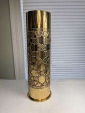 Trench Art Brass Shell Casing Vase, WWI/WWII Hammered Bullet Cartridge, 10" - Pair — listing 4
