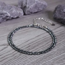 Vintage Hematite Beaded Necklace 28" with Black Onyx and Rhinestone Rondelle Spacers, Charcoal Gray — listing 6