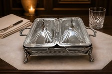 Vintage Mid-Century Chafing Dish with Stainless Pot, Brass Stand & Wood Handle — listing 2