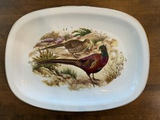 Antique Porcelain Game Bird Platter with Hand-Colored Pheasant Transfer, Embossed Scroll Rim, Gilt Trim — listing 6