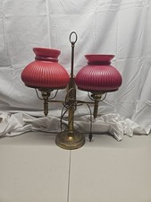 Vintage Brass Double-Arm Student Desk Lamp with Ruffled Prismatic Glass Shades — listing 6