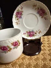 White Porcelain Footed Teacup with Embossed White Scrollwork Border and Platinum Trim — listing 3