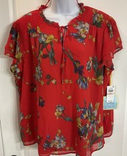 CeCe Island Oasis Floral Ruffle-Sleeve Blouse, Tropic Night, Size L — listing 2