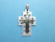 Antique Wood Wall Cross with Mother-of-Pearl Inlay and Gold Filigree Rosettes — listing 3