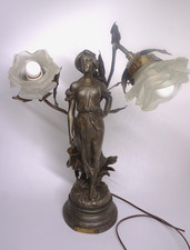 Antique French Art Nouveau Figural Newel Post Lamp with Classical Maiden and Frosted Ruffle Shades No marks at all — listing 5