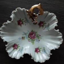 ESD Japan Hand-Painted Porcelain Nut/Trinket Dish with Gilded Metal Leaf Handle, Pink & Floral, 5 in — listing 4