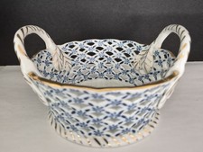 Blue and White Reticulated Porcelain Footed Compote with Hand-Painted Floral Center — listing 6