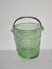 Vintage Green Uranium Glass Covered Ice Bucket with Metal Bail Handle, Ribbed Base, circa 1930s Depression Era, 6 inches tall — listing 3