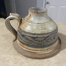 Studio Pottery Chamberstick Candle Holder with Green Glaze Accents — listing 2