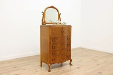 Antique Birdseye Maple Serpentine 4-Drawer Vanity Dresser with Lyre-Form Oval Mirror — listing 4