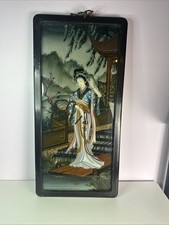Chinese Reverse Glass Painting of a Beauty at a Window with Magpies and Prunus, Lacquered Frame — listing 3