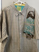 Live Mechanic Men's Short-Sleeve Western Snap Shirt, Black & White Gingham with Embellished Crest Large