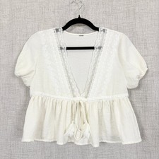 puff sleeve blouse Cream Cotton Puff Sleeve Babydoll Blouse with Lace Trim
