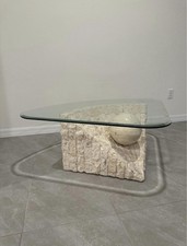 Round Tessellated Stone Rim Coffee Table with Glass Top and Wrought Iron Base