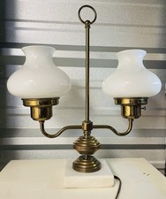 Vintage Brass Double-Arm Student Desk Lamp with Ruffled Prismatic Glass Shades — listing 4