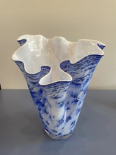 Cased Art Glass Ruffled Handkerchief Vase, Orange to Opalescent White with Swirled Clear Foot — listing 6