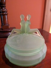 Green Uranium Depression Glass Ribbed Powder Jar / Covered Candy Dish, 3.5" Tall — listing 2