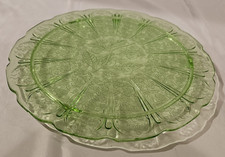 Green Depression Glass Footed Cake Plate with Sunburst and Floral Center Pattern — listing 3
