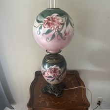 Vintage Gone With The Wind Pink Hand-Painted Hurricane Table Lamp 26in