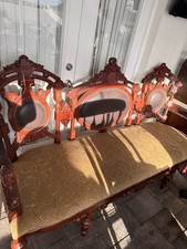 Antique Victorian Empire-Style Wood-Frame Settee/Sofa with Purple Floral Upholstery — listing 4