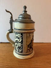 Vintage German Pewter Lidded Beer Stein with Relief Tavern Scene, Silver-Tone, 6" Tall — listing 5