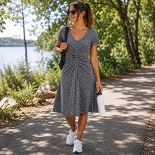 Athleta Women's Teal Geometric Print Cap-Sleeve Ruched V-Neck Jersey Dress, Size M — listing 4