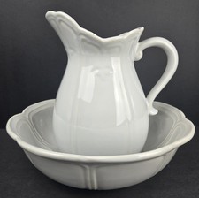 McCoy Pottery White Pitcher and Wash Basin Set with Embroidered Serpentine Design