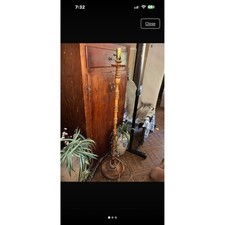 Turned Pine Wood Floor Lamp with Burlap Drum Shade — listing 5