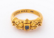 Vintage 20K Gold Three-Stone Cabochon Sapphire and Diamond Ring