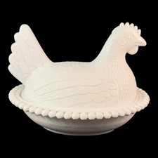Milk Glass Hen on Nest Covered Dish, 3.5 x 5 inch, Marked 5