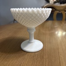 Vintage White Milk Glass Pedestal Compote with Embossed Grape & Leaf Pattern — listing 5