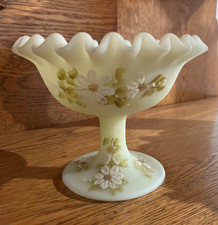 Fenton Custard Satin Uranium Glass Footed Compote, 5.5 inches