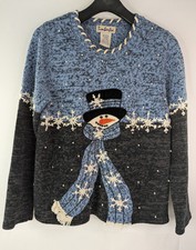 TimberLea Vintage Christmas Cardigan Sweater with Embroidered Ornaments, Snowman & Stockings, Size L — listing 3