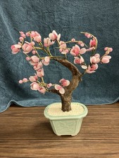 Chinese Jade & Hardstone Flowering Bonsai Tree in Celadon Carved Planter, listing 4