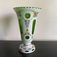 Bohemian White Cut-to-Green Cased Glass Vase with Hand-Painted Florals on Ormolu Base — listing 2