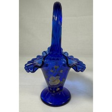 Fenton Cobalt Blue Ruffled Vase-Form Basket with Clear Twisted Handle — listing 6