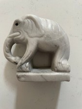 Hand-Carved Gray Marble Elephant Figurine with Raised Trunk and Bone/Resin Tusks