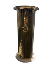Antique Hammered Brass Umbrella Stand with Lion Head Ring Handles and Paw Feet — listing 6