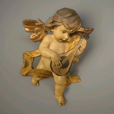 Oval High-Relief Resin Wall Plaque of an Angel Playing a Lute/Mandolin