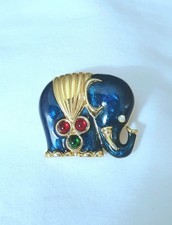 Vintage Gold-Tone Figural Elephant Brooch with Red Rhinestone Eye, Trunk Up