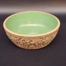 Vintage Brushware Pottery Bowl with Molded Fruit & Foliage Relief, Green Glazed Interior, 3x6 — listing 3