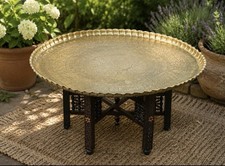 Vintage Central Asian Engraved Brass Tray/Plate with Bukhara Minaret Scene on Carved Wood Folding Stand — listing 3