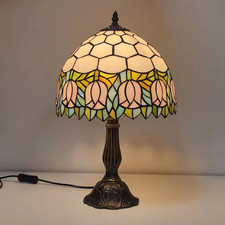 Tiffany-Style Leaded Stained Glass Lamp Shade with Floral & Filigree Border, Cast Metal Base — listing 5