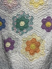 Handmade Patchwork Quilt, Botanical Green/Blue/Yellow Block Design with Stipple Machine Quilting — listing 2